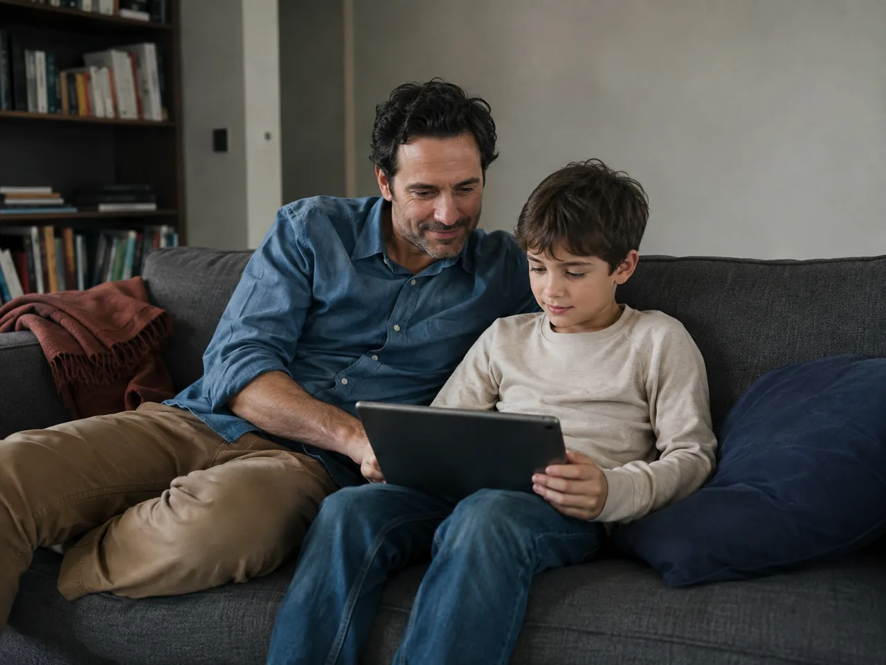 A father and son looking at a tablet together while relaxing on a sofa at home.