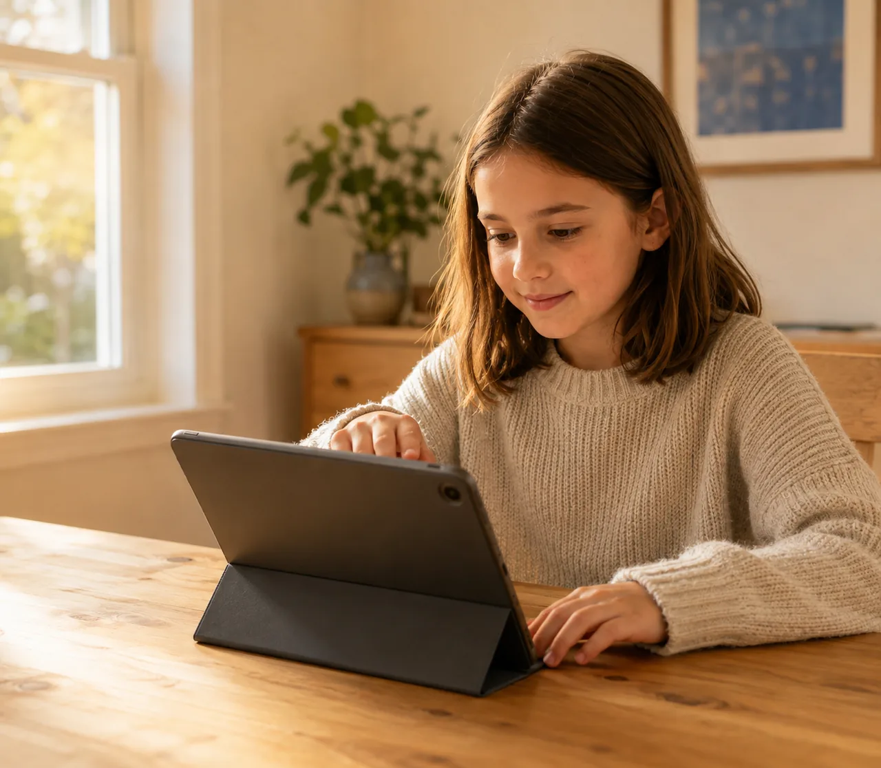 A child using a tablet propped on the table and angled towards her, in warm afternoon light at home.